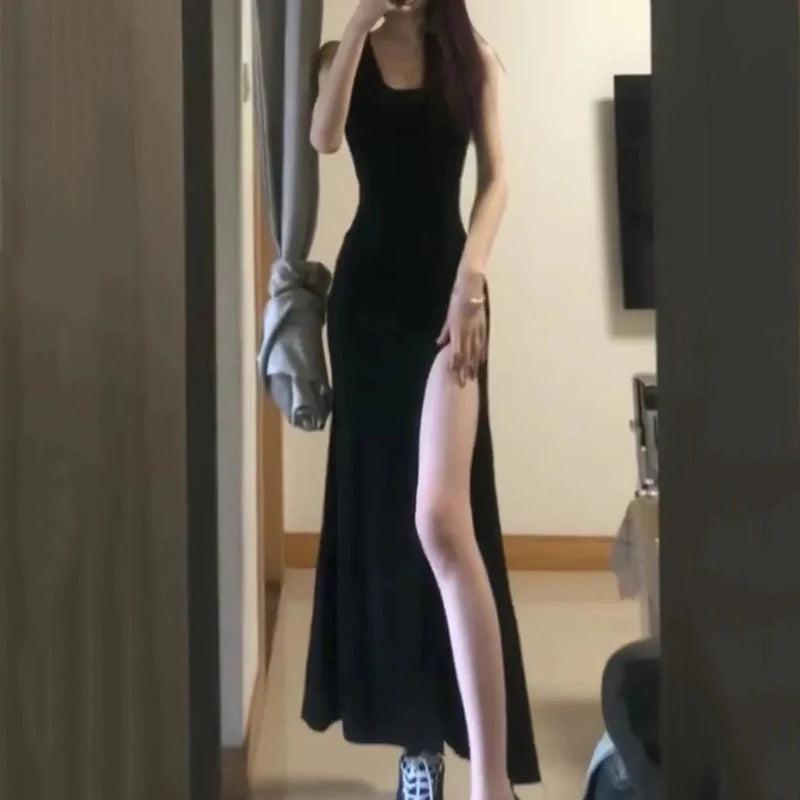 Sexy High Split Spaghetti Strap Dress Women Summer Black Bodycon Dresses Woman Sleeveless Party Long Dress Ladies