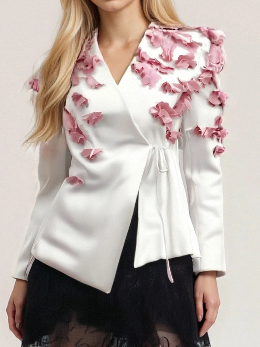 TWOTWINSTYLE Spliced Petal Two Piece Sets for Women V Neck Long Sleeve Patchwork Lace Up Top High Wasit Skirt Elegant Set Female