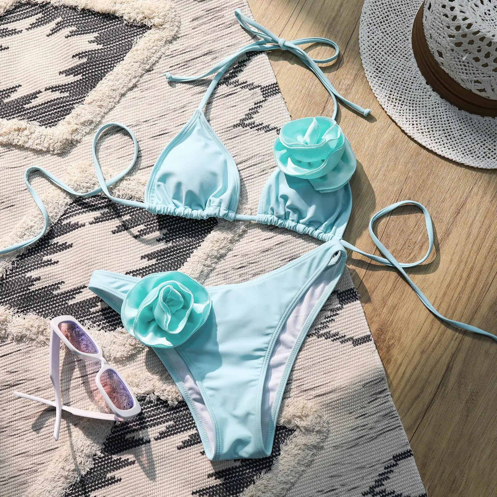sexy 3D flower micro mini bikinis sets triangle two pieces padded thong swimwear female bathing suit biquini Blue