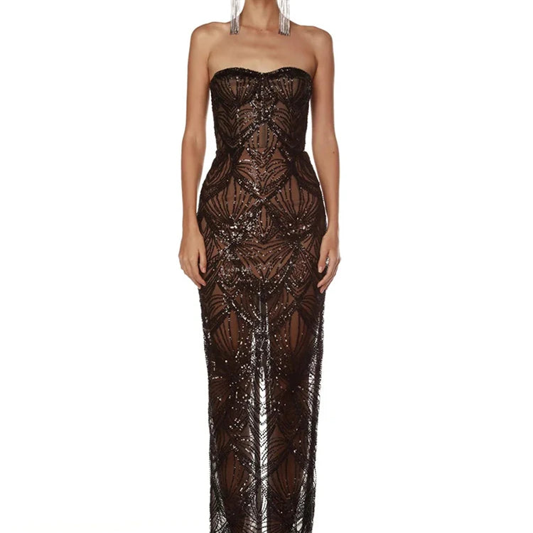 VC Luxury Sequins Beaded Party Dress Sexy Strapless Glitter Patchwork Mesh Sleeveless Evening Party Club Dress Vestido