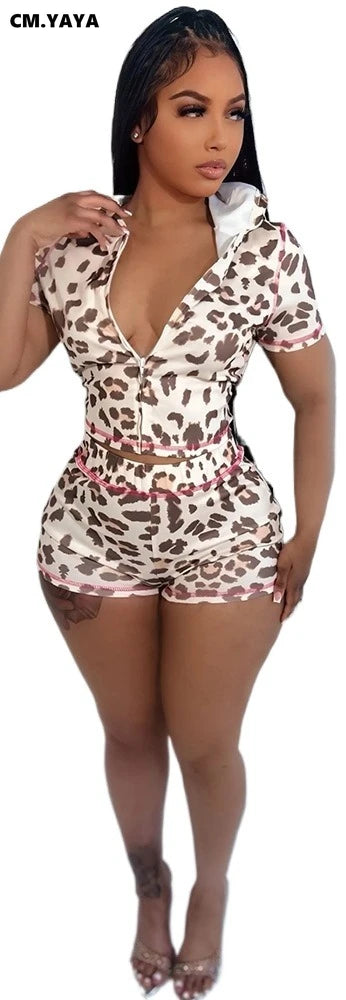 CM.YAYA Fashion Leopard Print Women's Set Short Sleeve Hoodies + Shorts Suit 2025 Streetwear Active Two 2 Piece Set Tracksuit