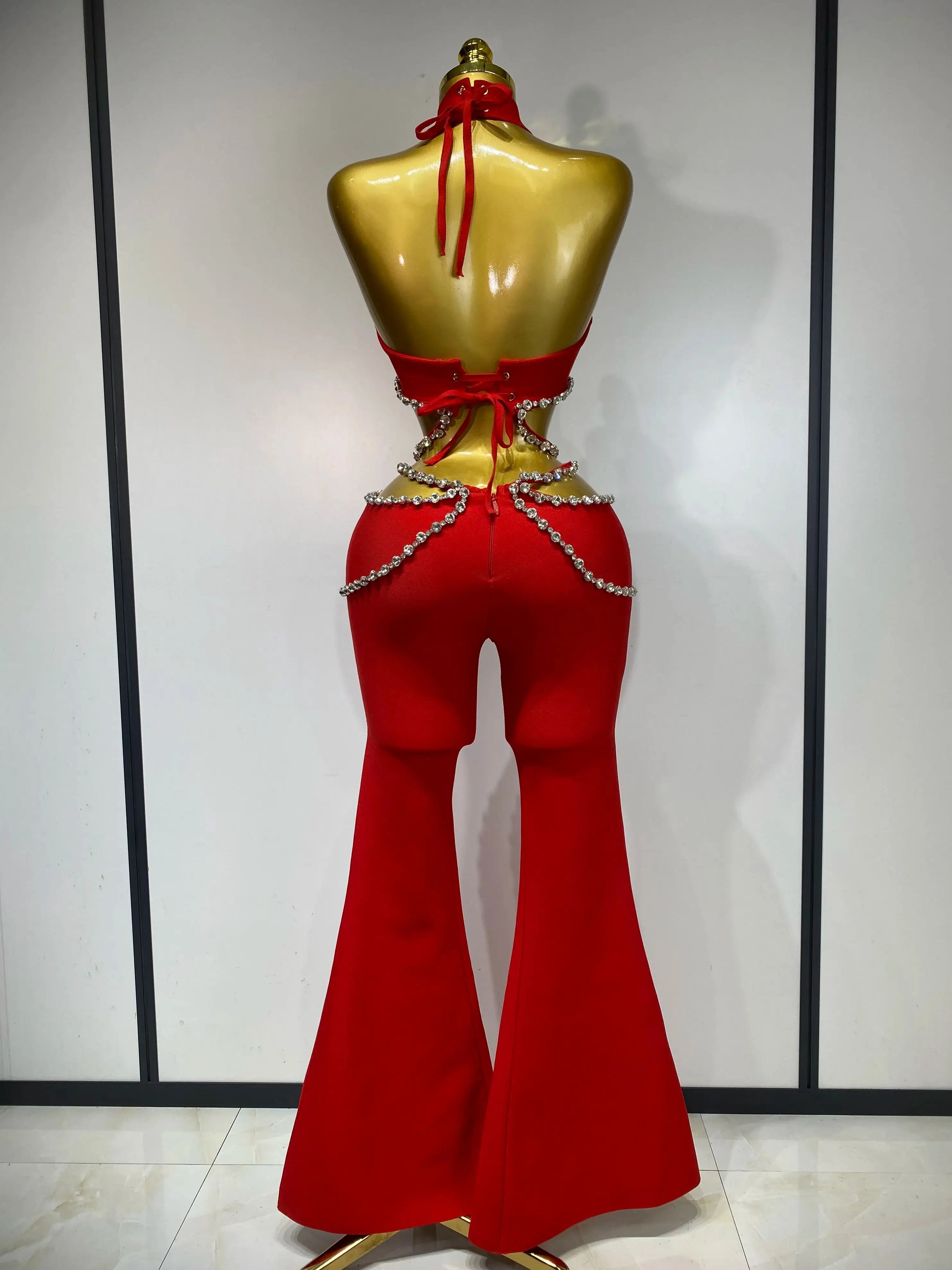 Women Luxury Rhinestone Red Sexy Cut Out Two Piece Pants Bandage Set 2025 Celebrity Designer Fashion Women's Set Stage Outfit