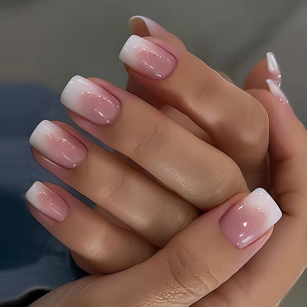 24pcs/set short Medium square fake nails for women gradient nude pink flowers french almond summer tips press on false nail art