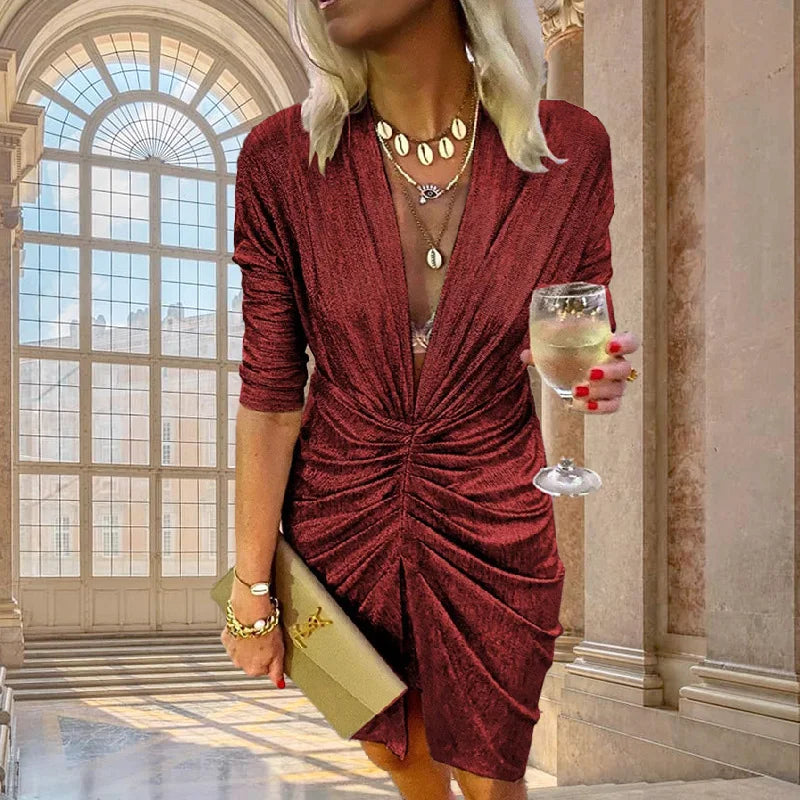 Elegant Bright Silk Long Sleeve Ruched Mini Dress Women Sexy Deep V Slit Night Club Party Evening Dress Female Autumn Vestidos