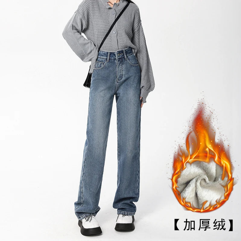 Plus Velvet Classic Women Denim Jeans Autumn and Winter Vintage Wash Warm Plush Thickened Straight Loose Pants