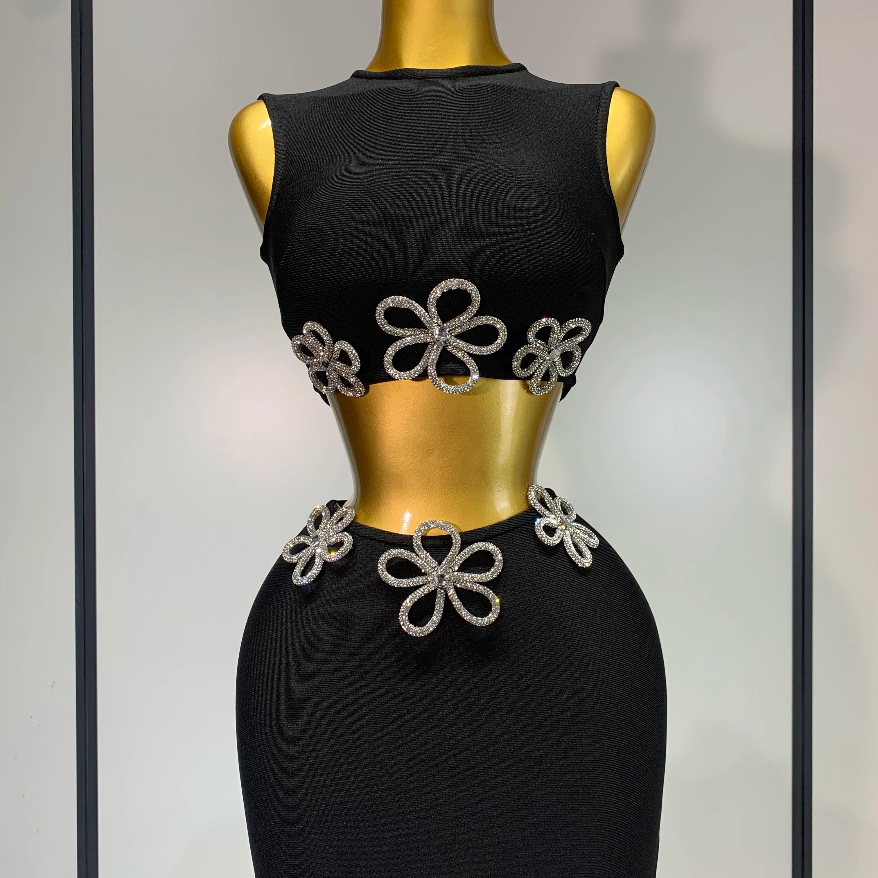 Women Celebrity Sexy Crytal Flower Black Mini Bandage Skirt Suit 2025 Knitted Elegant Evening Club Birthday Party Two Pieces Set