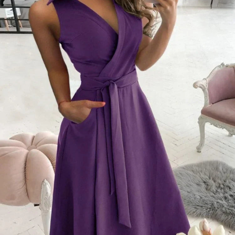 Elegant Chic Shirt Dress Summer New Fashion Sleeveless Sexy Dress V-neck Buttock Dress for Women Office Ladies Party Sundress PURPLE