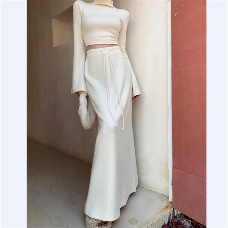 New Year's Red Robe Retro Women Girl Half High Neck Top and High Waist Long Skirt Two Piece Set Autumn Dress Sets Beige