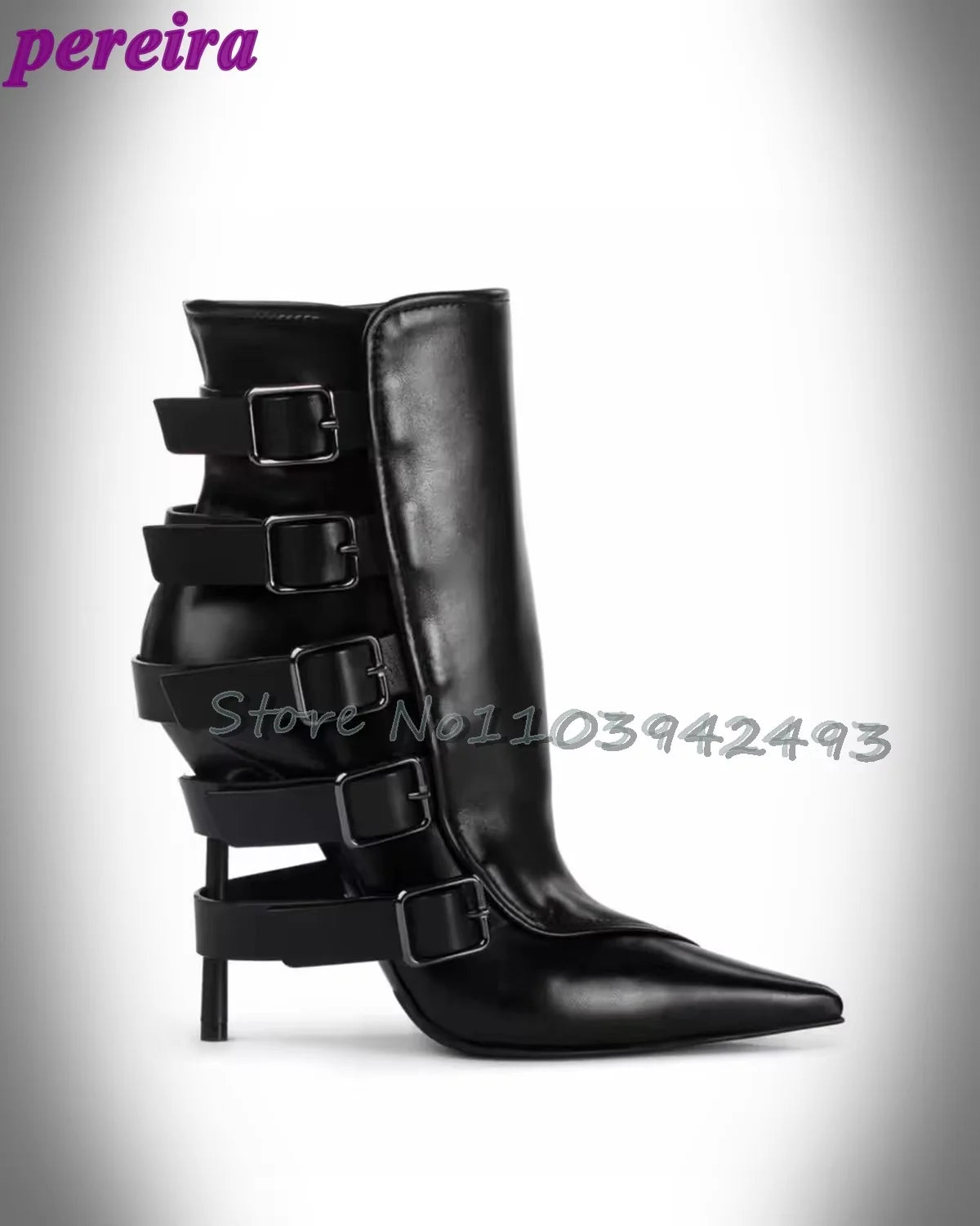 Stylish Brown Strappy Boots Pointed Toe High Heels Mid-calf Chunky Heel Fashion Women's Shoes Black Chic Buckle Outer 2025 New