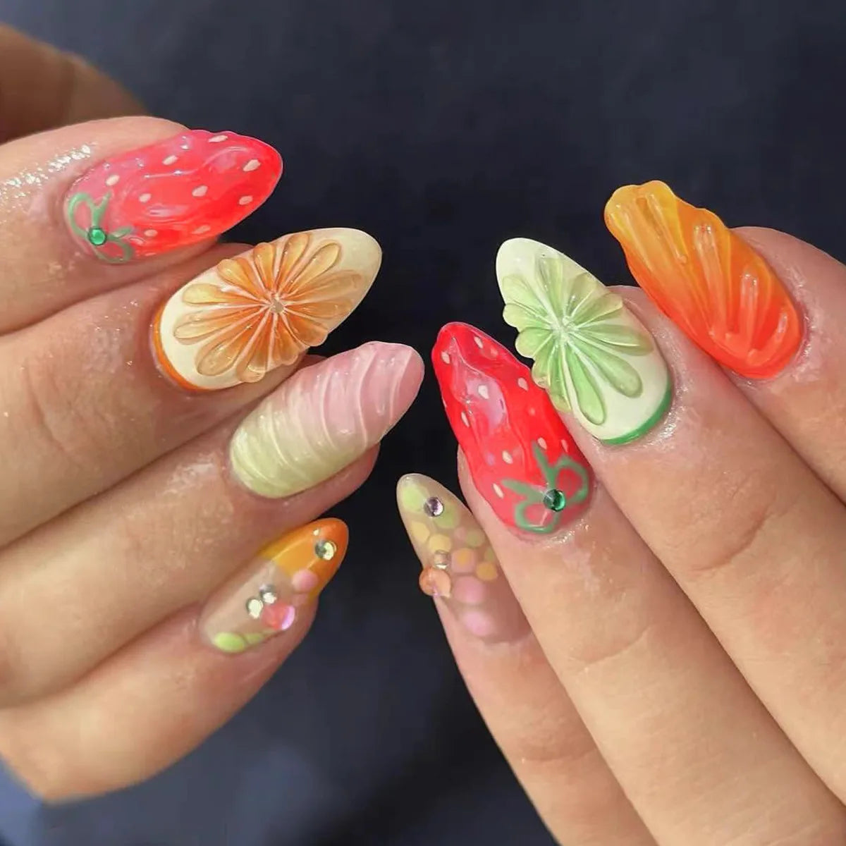 24Pcs Mid-length Almond Press on Fake Nails 3D Ripple Heart Pearl Star False Nails Blue Smudge Detachable Full Cover Nails Tips