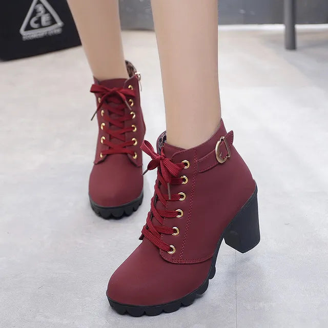 Spring Winter Women Pumps Boots Lace-up European Ladies Shoes PU High Heels Boots Wine red
