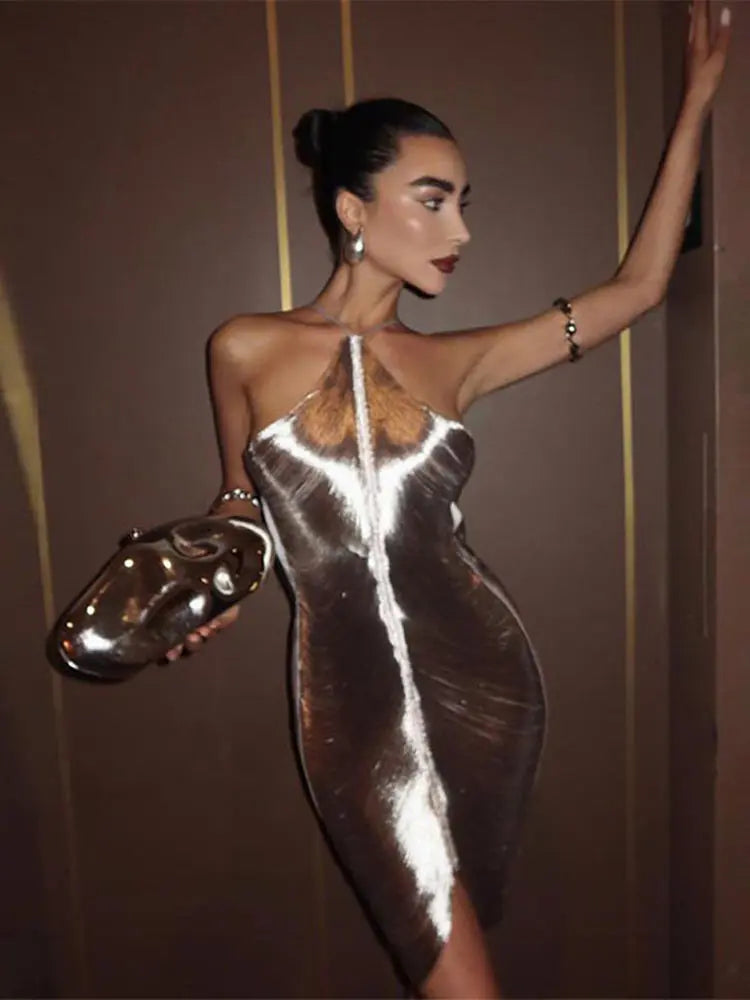 Sexy Fashion Metallic Halter Mini Dress For Women Female Sleeveless Backless Sliming Vestidos Lady Party Club Evening Gown Robe Silver