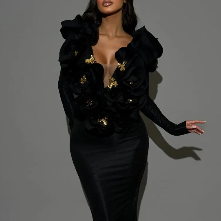 Vestido longo, sexy, com decote em V profundo e flores, estilo celebridade, preto, longo, bandagem justa, elegante, para festa noturna, 2025
