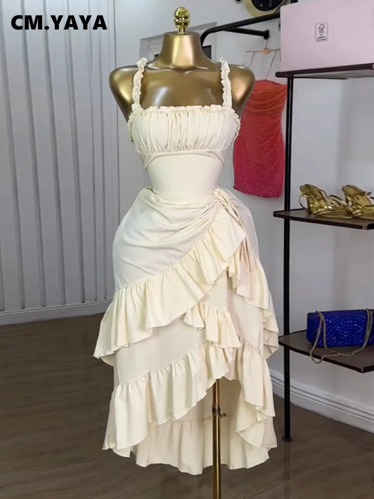 CM.YAYA Women Strap Slash Neck Cascading Ruffles Drawstring Ruched Up Long Maxi Dress 2025 Birthday Evening Sexy Dresses Vestido