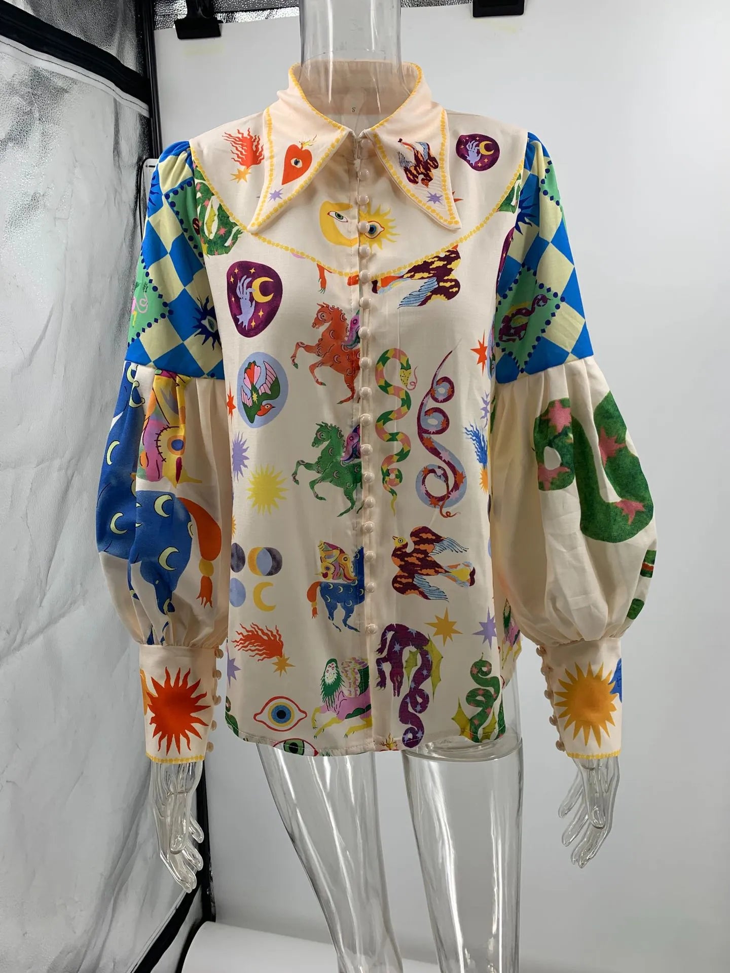 Women's Print Shirt Turn-down Collar Single Breasted Puff Long Sleeve Shirts Autumn Chic Office Lady Blusa Feminina Tops