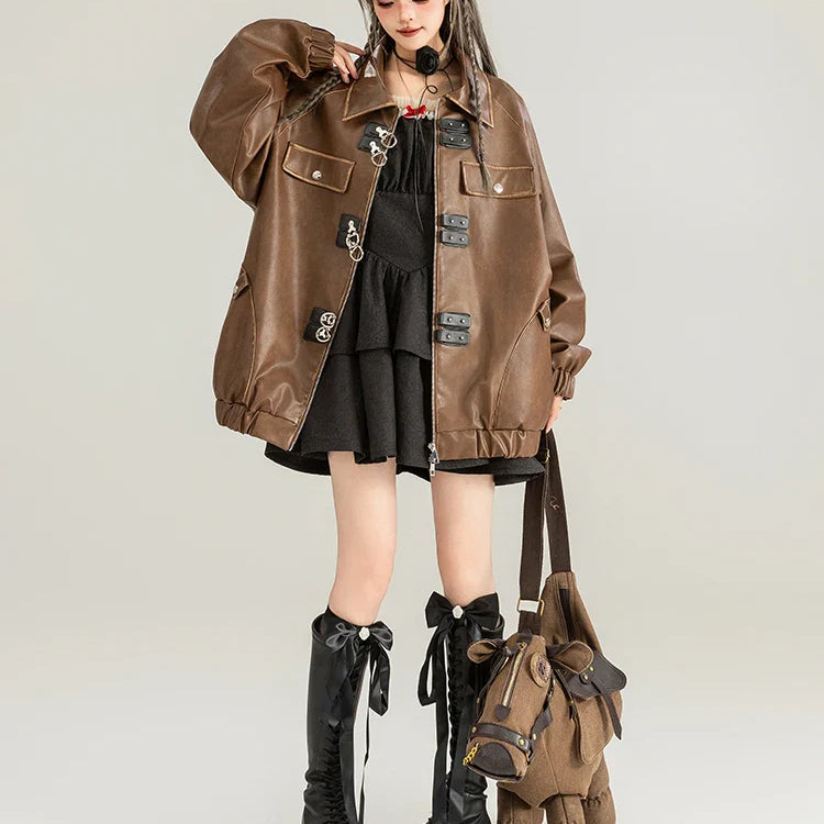 Spring Vintage Oversized Distressed Brown Pu Leather Jacket Women Long Sleeve Luxury Designer Maillard Style Clothing