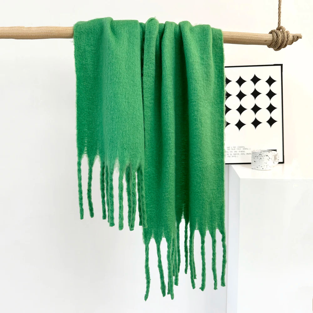 Winter Warm Scarf Women Girl Fashion Solid Color Shawl Stole Faux Cashmere Bandana for Lady 210*40cm Green