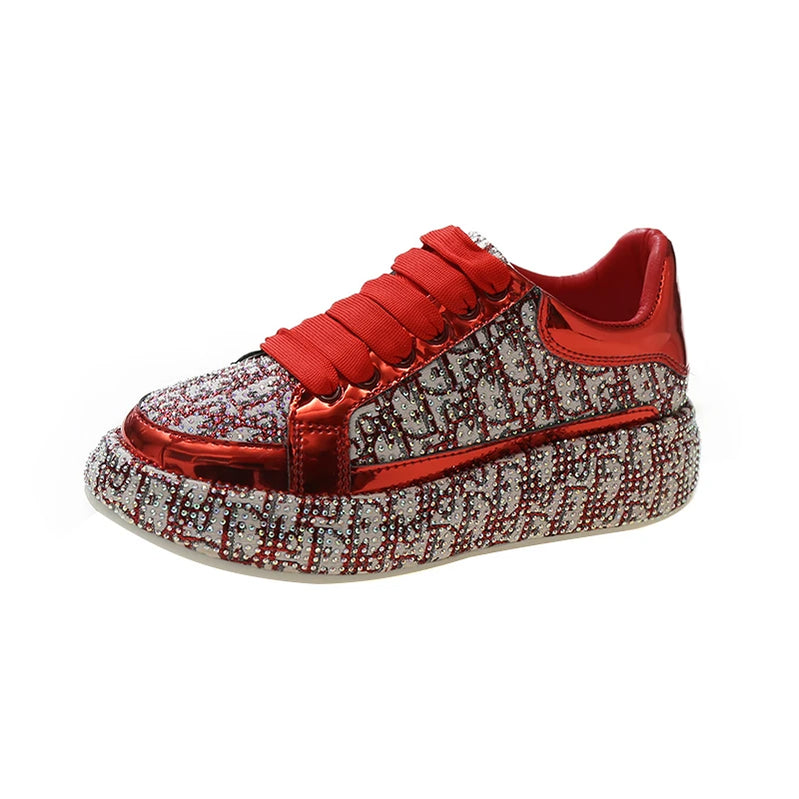 Fashion Sneakers Casual Flat Shoes Luxury Rhinestone Decorated Leather Upper Heightening Platform Womens Shoes Red