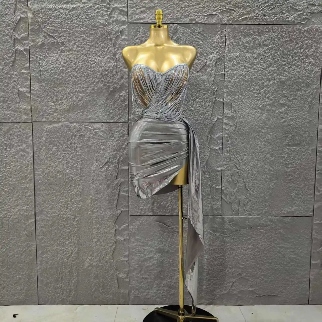 Silver Color Women Sexy Strapless Tassels 2 Pieces Bodycon Mini Dress Nightclub Party Bar Singer Celebrate Performance Costume