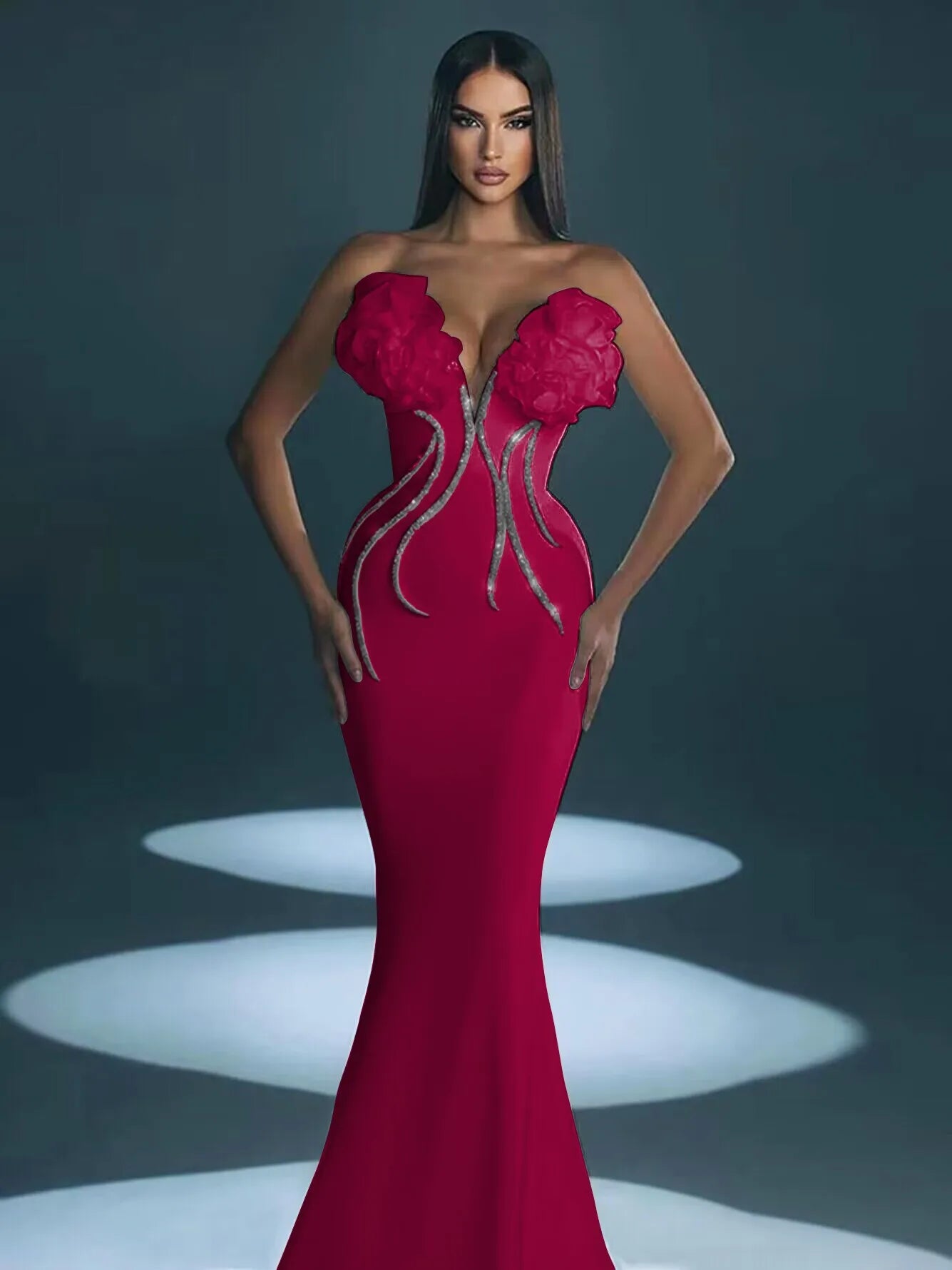 Rosered Color Women Sexy Florals Off the Shoulder Bodycon Bandage Long Dress Celebrate Evening Party Birthday Dress Outfit