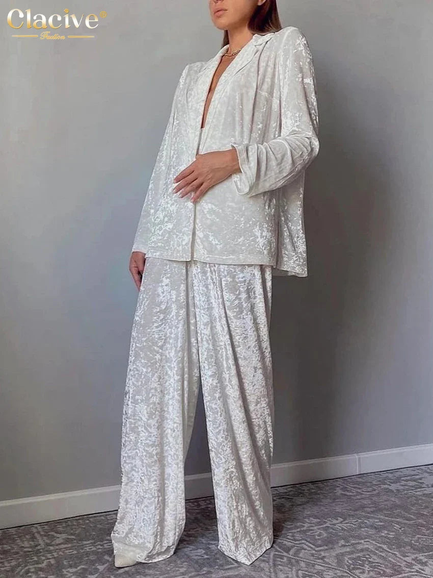 Clacive Winter Loose Home Suits Fashion White Velvet Pants Set Elegant Lapel Long Sleeve Blouses Two Piece Sets Womens Outifits
