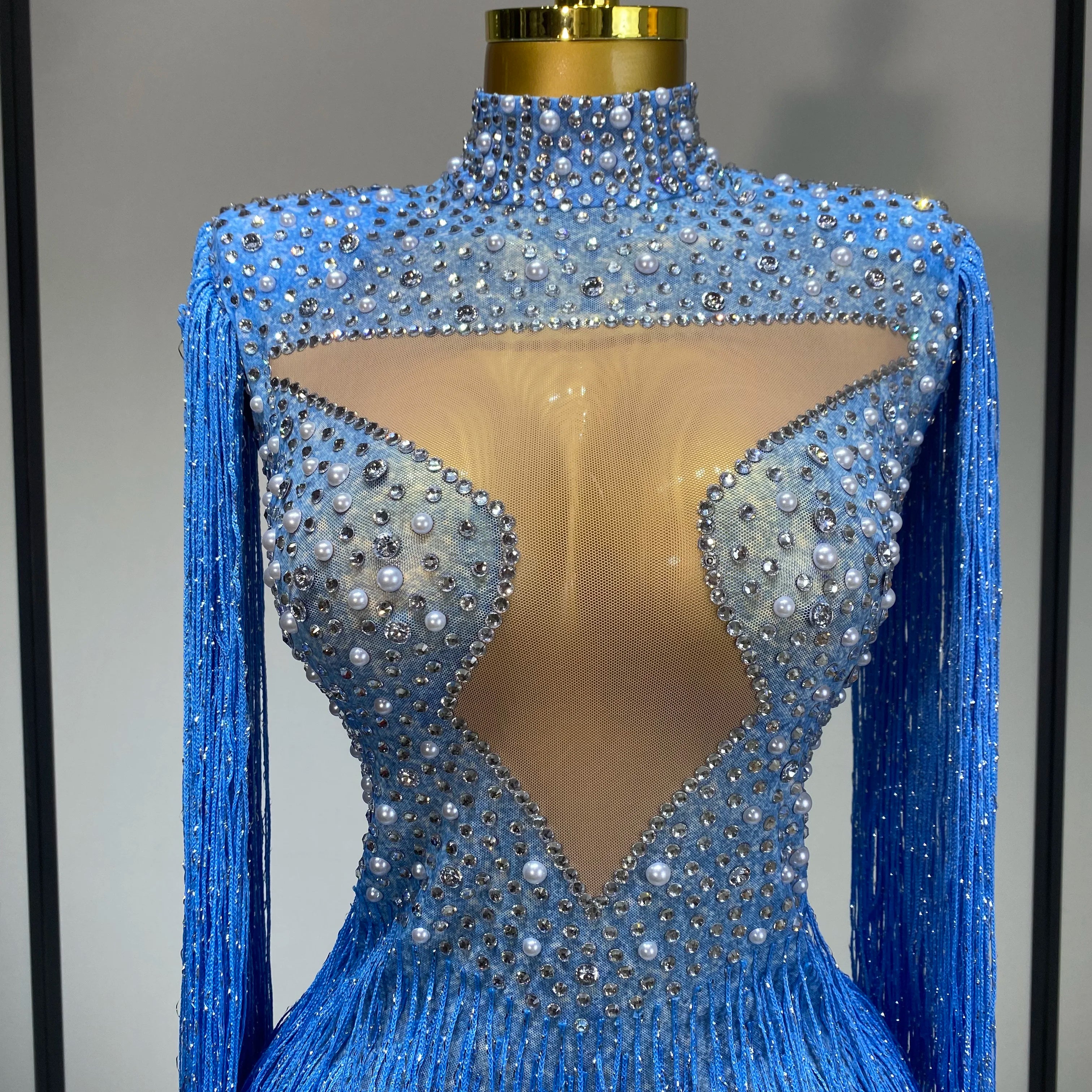 Sparkly Luxury Tassel Bodysuit High Street Strech Transparent Performance Dance Costume Nightclub Celebrate Stage Outfit