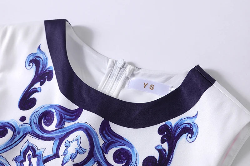 Runway Summer Short Dress Women's O-Neck Sleeveless Yellow Blue And White Porcelain Flower Print Holiday Tank Mini Vestidos