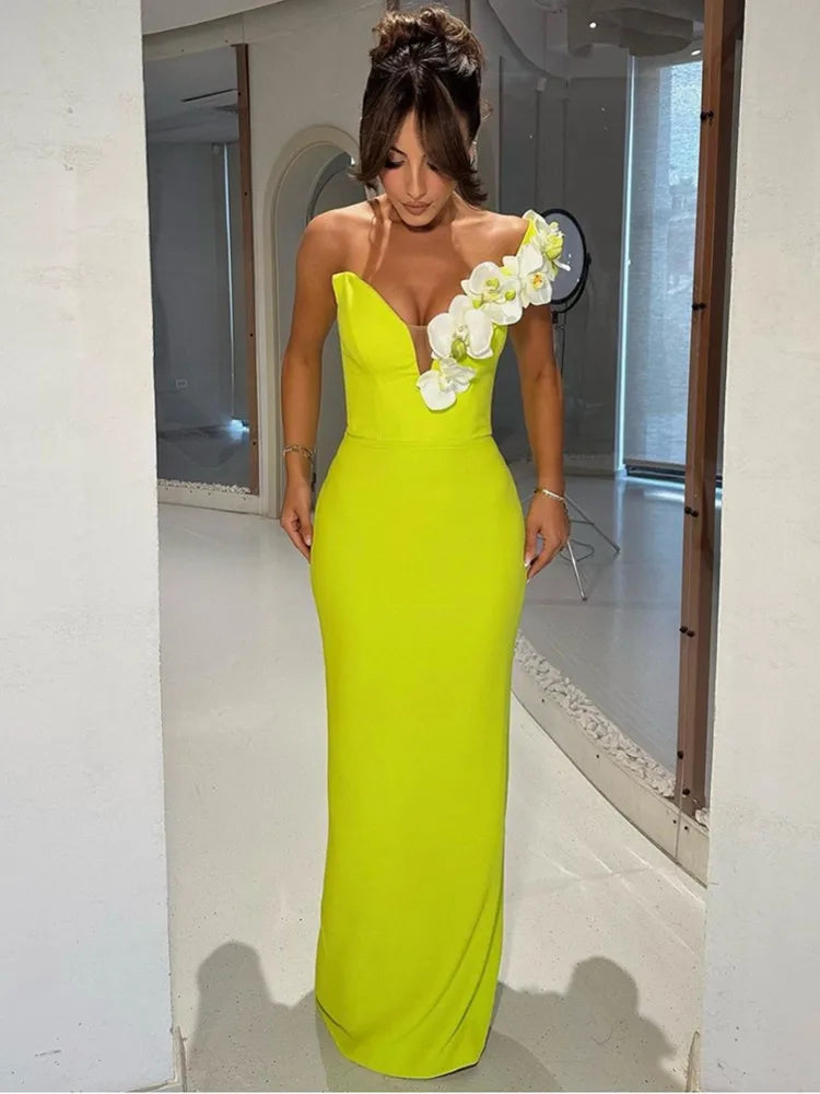 Vestido longo longo colado ao corpo, sexy, de um ombro, com flores verdes, elegante, para festa à noite, para celebridades