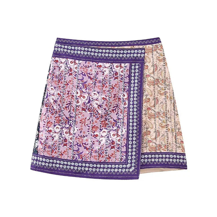 Boho Women Elegant Floral Print Mini Skirts 2023 Fashion Ladies Slim Patchwork Purple Skirt Vintage Female Chic Bottoms