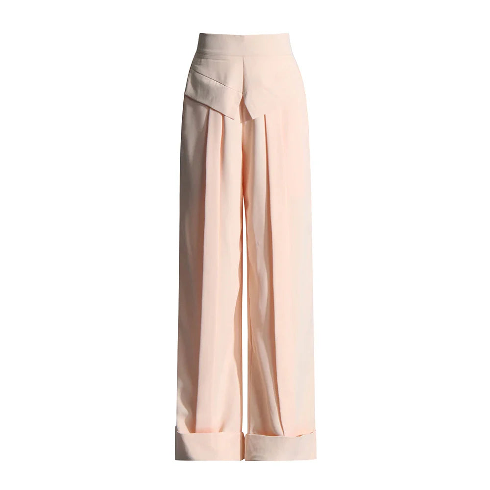 Solid Minimalist Pants For Women High Waist Patchwork Folds Temperament Elegant Wide Leg Pant Female Fashion Cloth