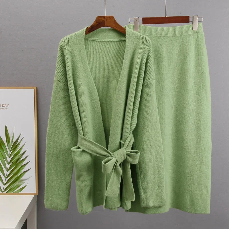 Soft Vintage Lace Up Women Suits 2 Pieces Female Sets with Belt V Neck Cardigan & Midi Dress Ladies Knitted TrackSuit Green Free Size