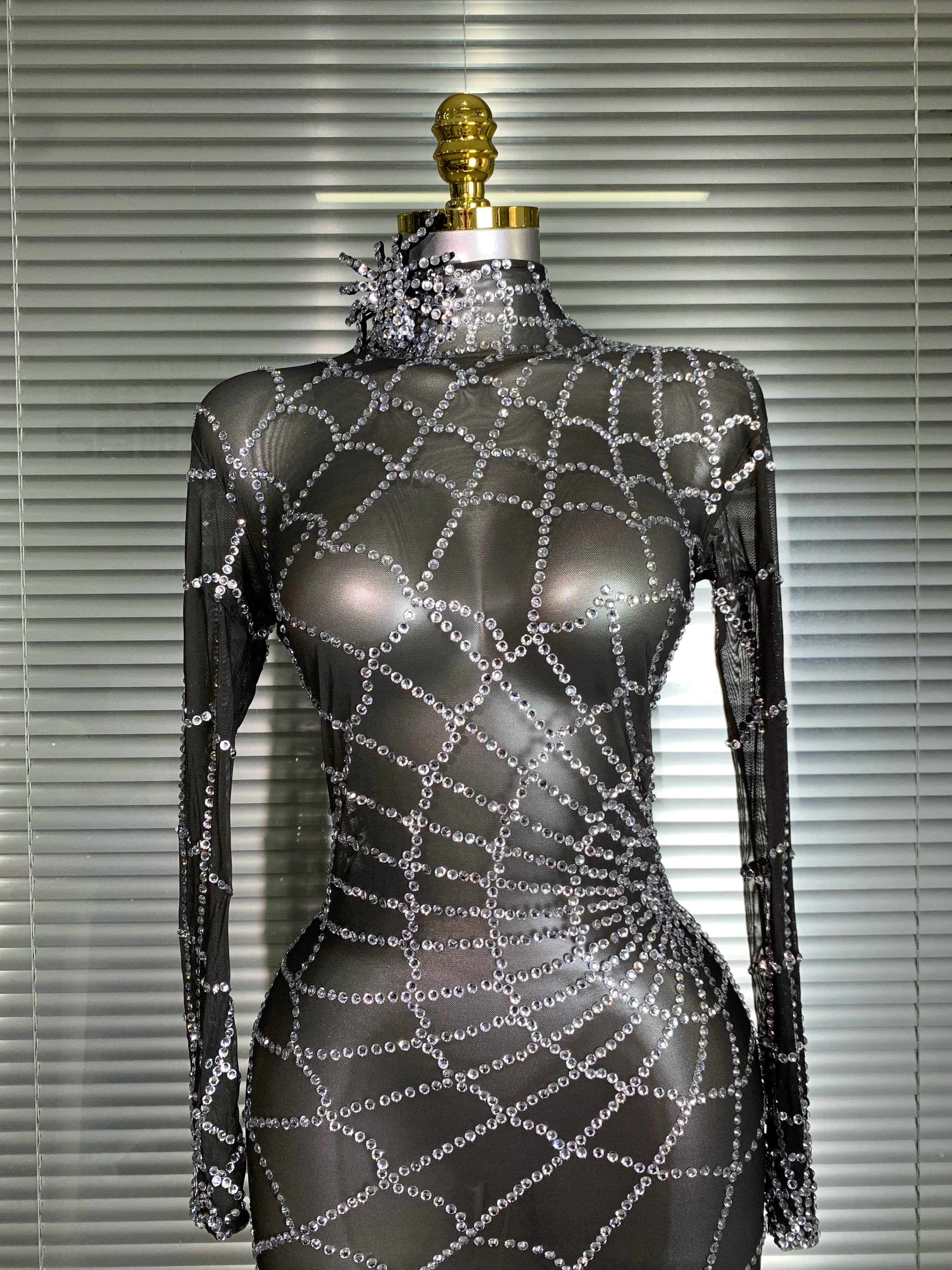 Summer New 2025 Women Sexy Crystal Sheer Black Long Sleeve Bodycon Jumpsuit Celebrity Designer Dancer Night Club Rompers