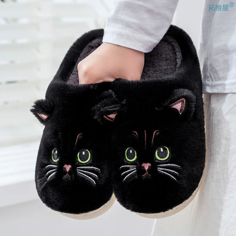 Lovely Cute Cat Slippers Fluffy Furry Women Home Platform Slippers Men Winter Plush Slides Indoor Fuzzy Slippers Cotton Shoes StyleA-Black