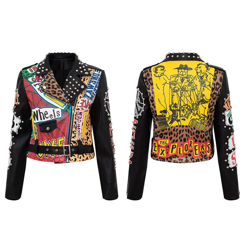 Spring Skull Pattern Graffiti Short Leather Jackets For Punk Women Rivet Slim Streetwear Motorcycle Jackets Coat 16