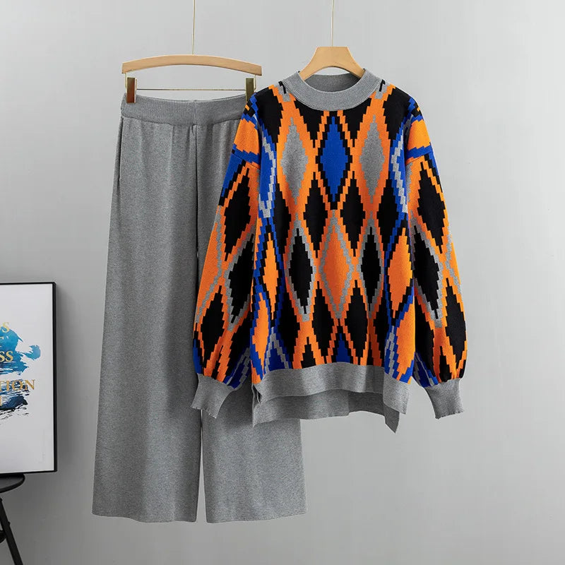 Printing Thick Warm O-neck Argyle Pullover Sweater Wide Leg Pants Autumn Winter Two Piece Set Womens Streetwear Loose Pants Sets GRAY