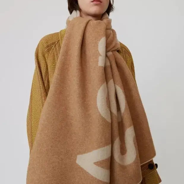 Winter Thickened Letter Shawl for Women Thermal Warm Resistant Wool Scarf Outdoor Fashion Versatile Windproof Women Accessories AC letters - khaki 70X210