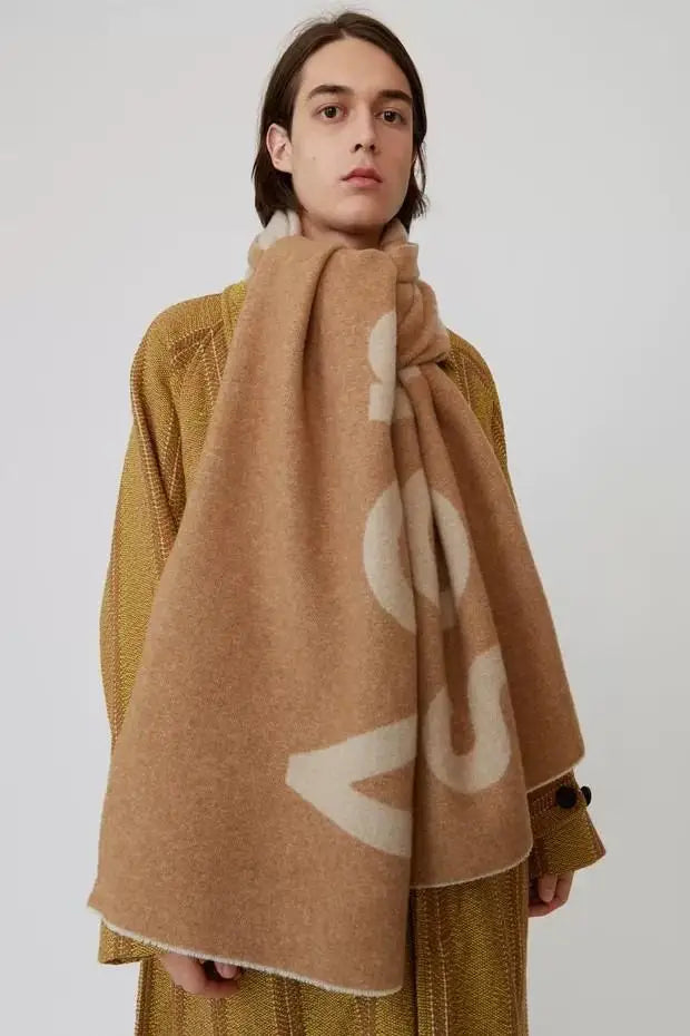 Winter Thickened Letter Shawl for Women Thermal Warm Resistant Wool Scarf Outdoor Fashion Versatile Windproof Women Accessories AC letters - khaki 70X210