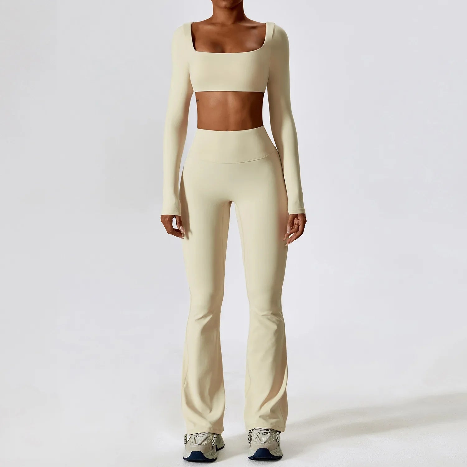 2 Pieces Women Tracksuit Yoga Set Workout Sportswear Gym Clothing Fitness Long Sleeve Crop Top High Waist Leggings Sports Suits Oat Apricot Set-3 CHINA