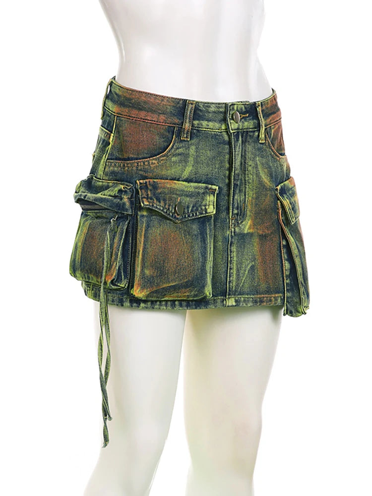 Women's Denim Skirts Tie-dye Green Irregular Spliced Multiple Pockets Cargo Mini Skirt Autumn Fashion