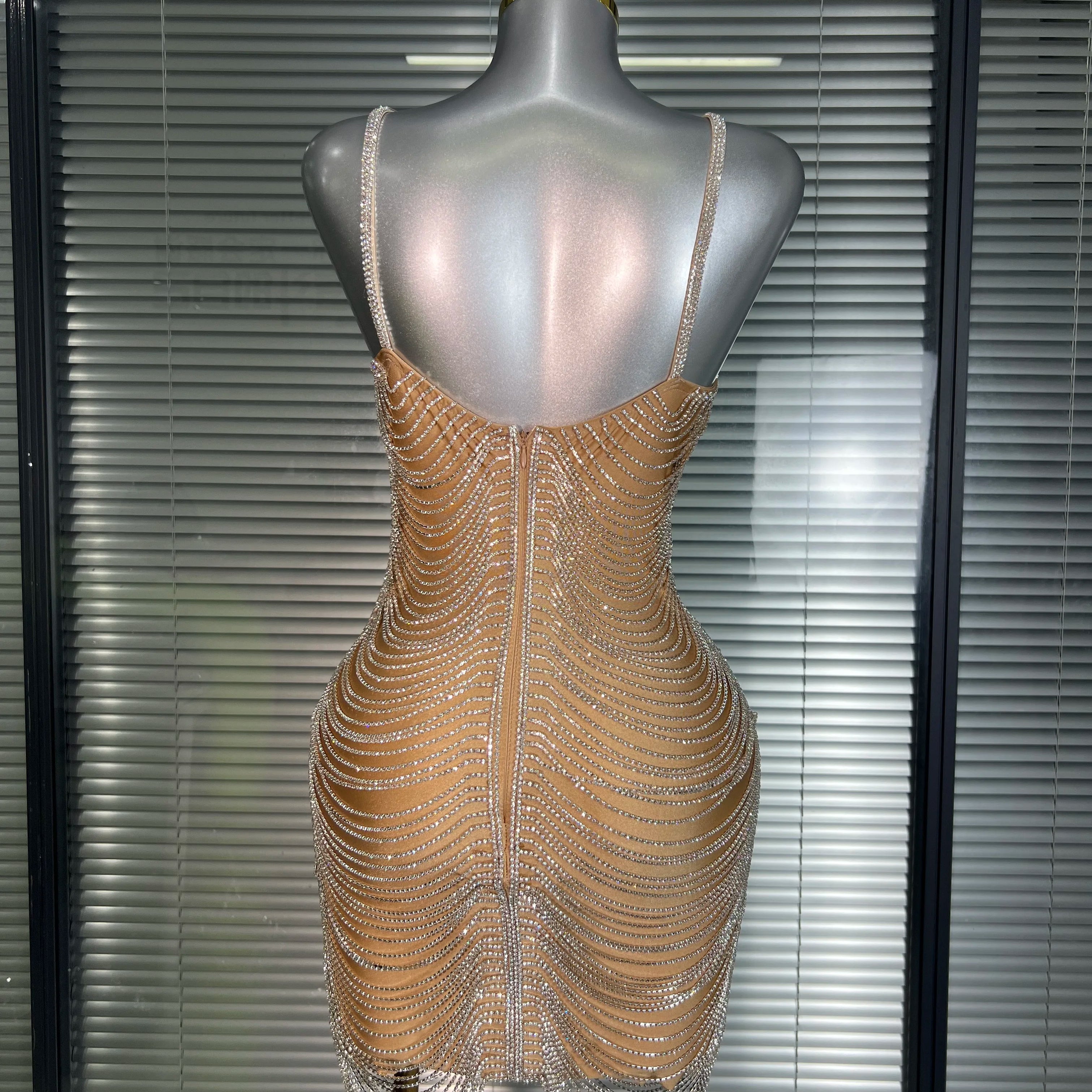 Ins Celebrity New Women Sexy Khaki Crystal Shining Mini Dress Stage Costume Dancer Singer Night Club Sparkly Party Dress