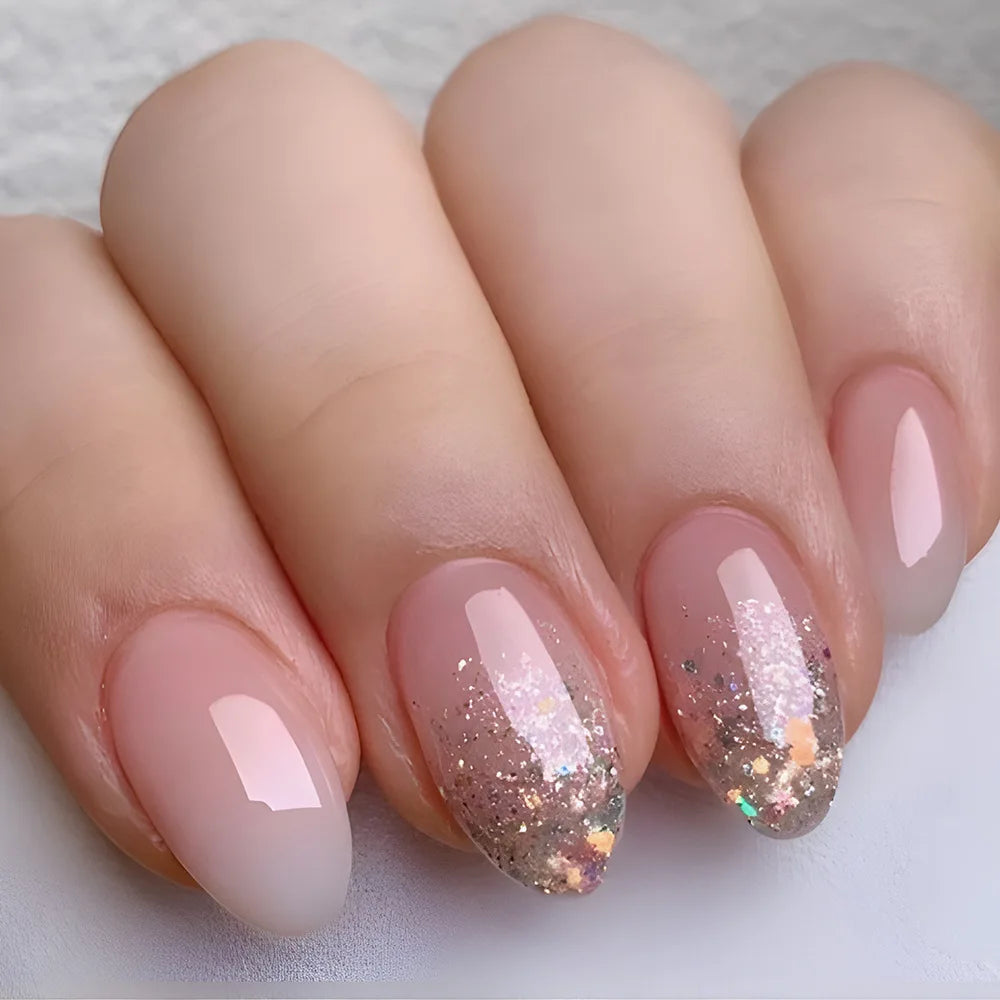 24pcs/set Medium long fake nail tips for women colorful gradient glitter starry design for Spring Summer press on false nail art