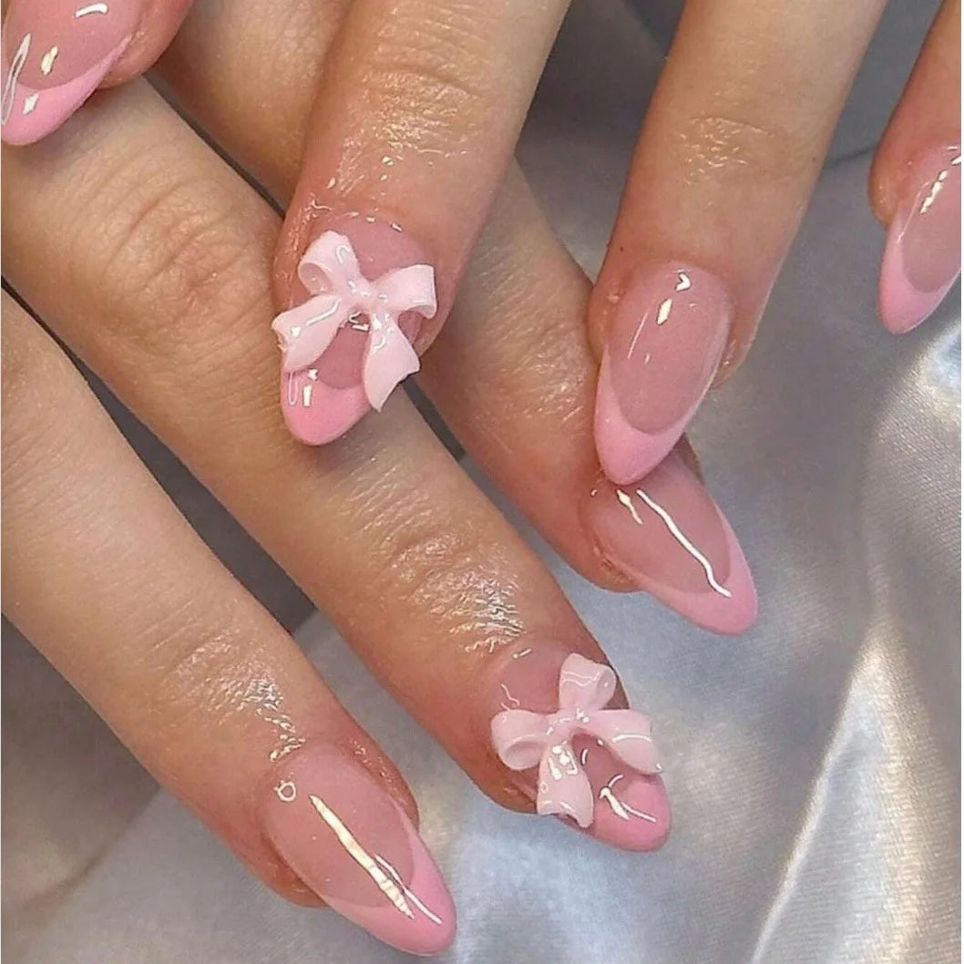 Pink French Style Fake Nails Almond Ballerina Press on Nails 3D Bowknot Designs Nude Color Stick-on False Nails Tips 24Pcs