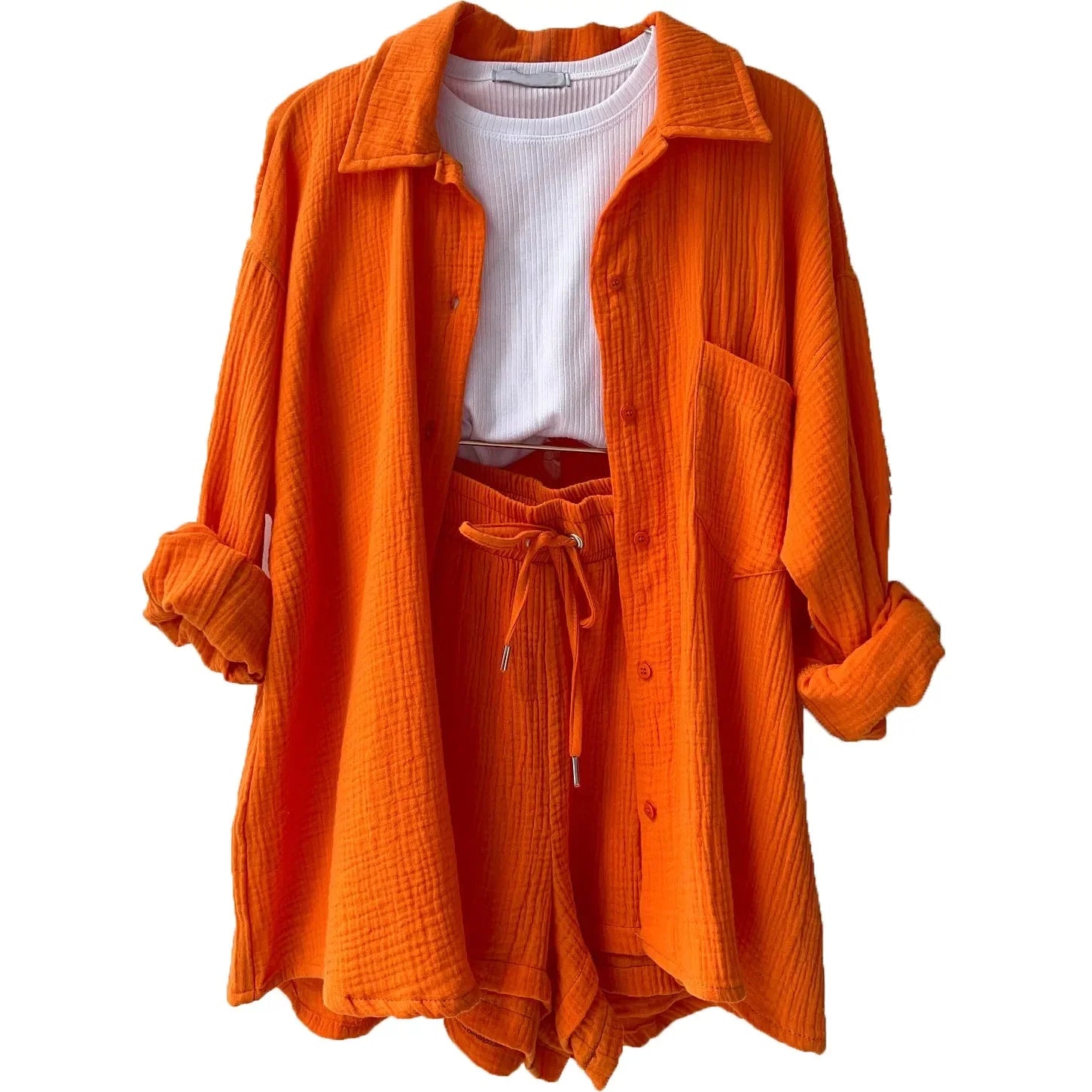 2 Piece Casual Sleepwear Cotton Pajamas for Women Turn-Down Collar Sleep Tops Suits with Shorts Gauze Cardigan Homewear Summer