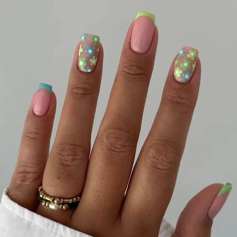 24pcs/set short medium fake nails beautiful flowers design fall winter square ballet acrylic tips press on false nail art supply