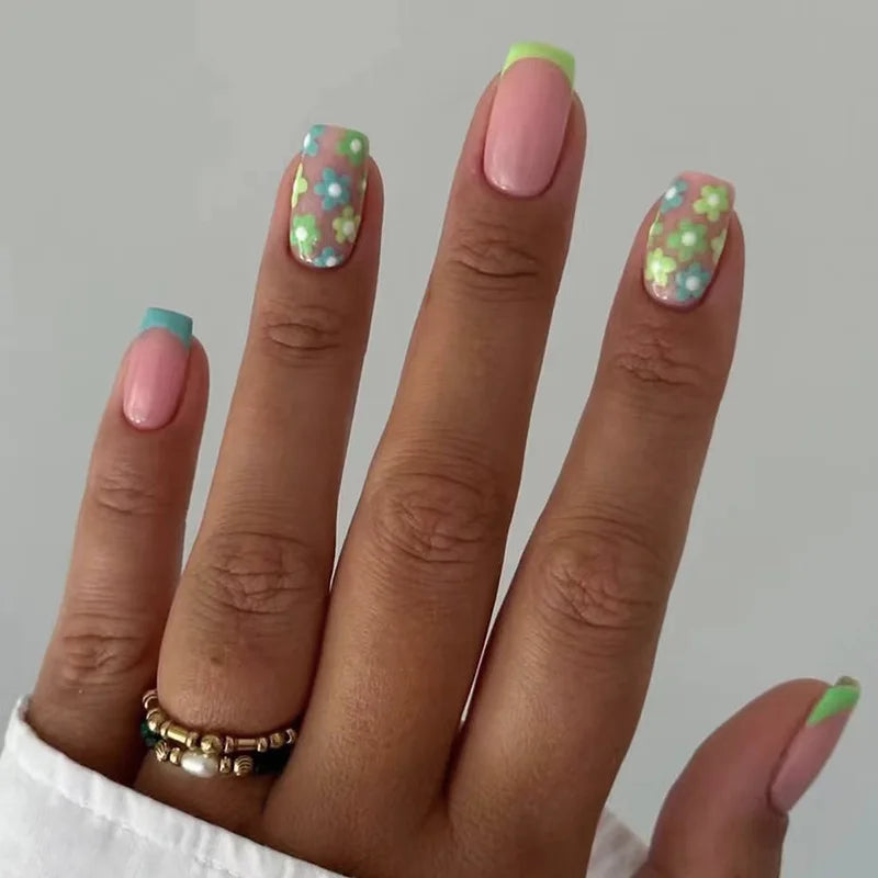 24pcs/set short medium fake nails beautiful flowers design fall winter square ballet acrylic tips press on false nail art supply