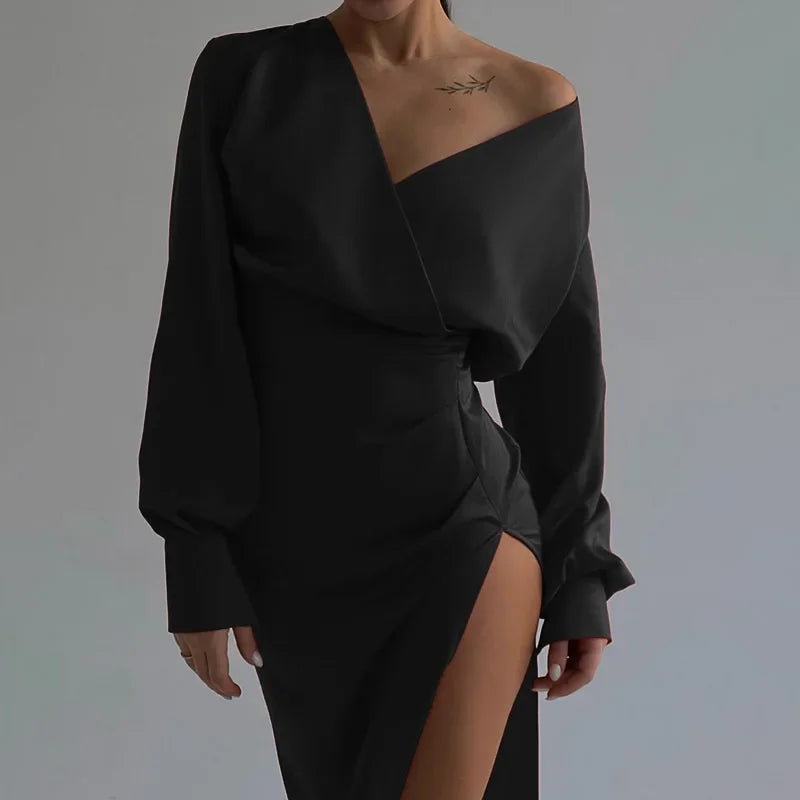 Sexy Women Long Sleeve V-neck Evening Dresses Ladies Elegant Slim Fit High Split Pleated Dress Party Club Outfits Prom Dress