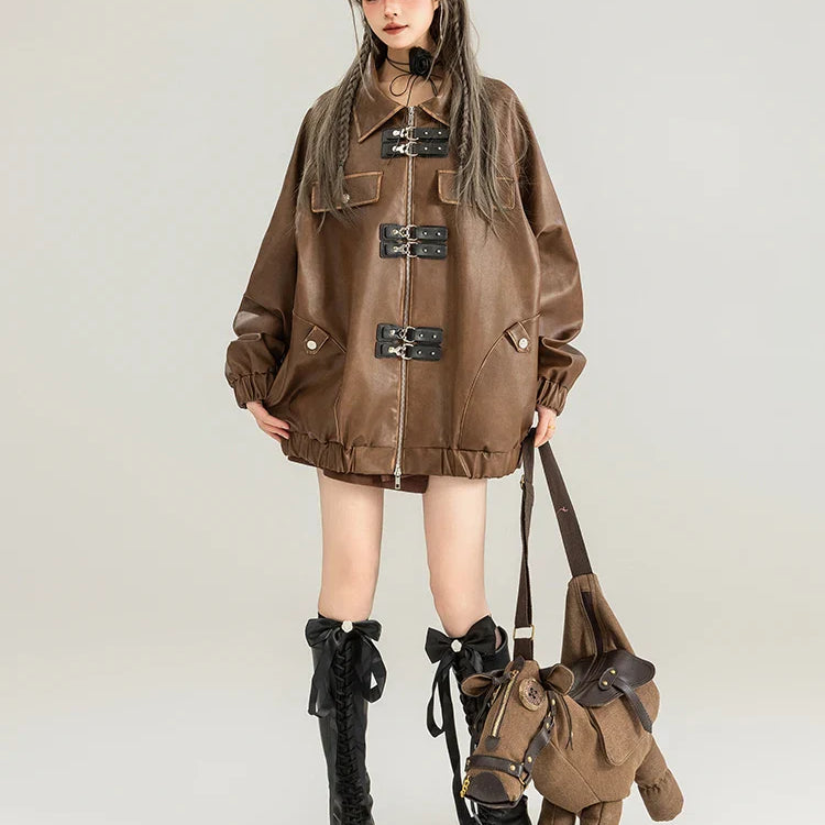 Spring Vintage Oversized Distressed Brown Pu Leather Jacket Women Long Sleeve Luxury Designer Maillard Style Clothing