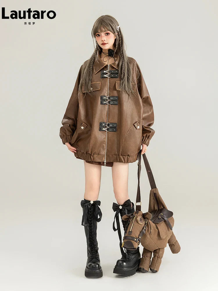 Spring Vintage Oversized Distressed Brown Pu Leather Jacket Women Long Sleeve Luxury Designer Maillard Style Clothing