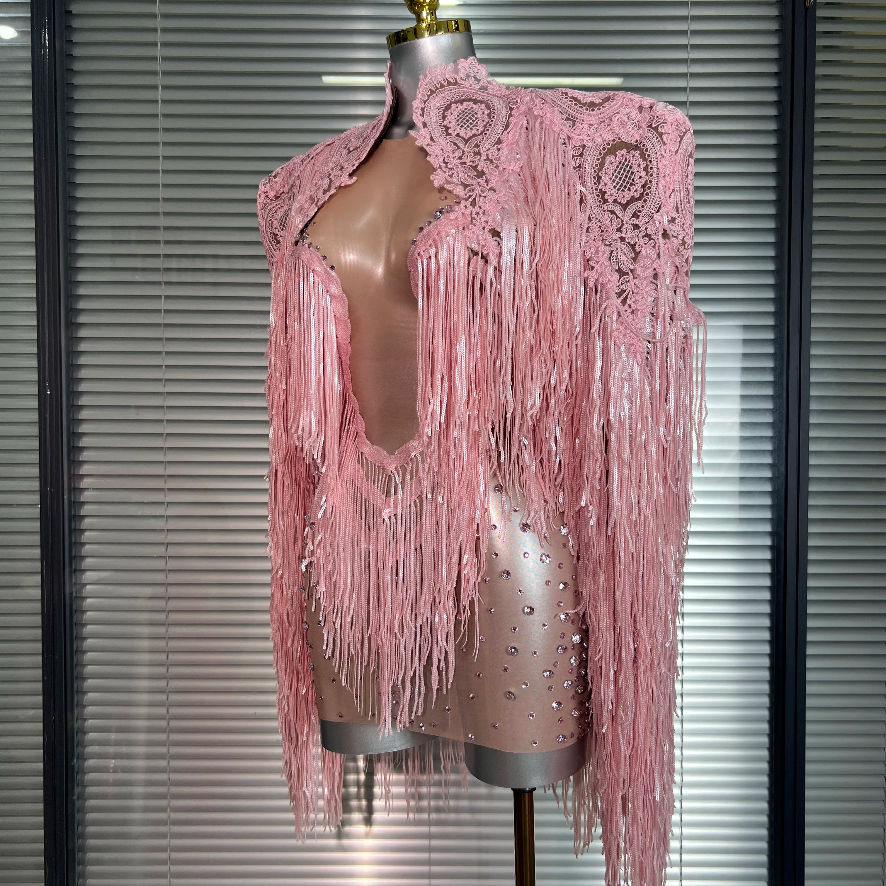 Celebrity New Women Sexy Mesh Sheer Crystal Stage Costume Stage Dancer Night Club Tank Mini Party Dress Coat 2 Pieces Set