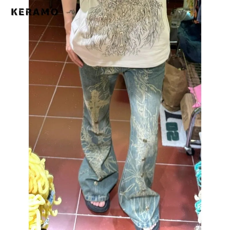 American Vintage High Waist High Street Style Blue Straight Jeans Pants Women's Wide Leg Print Baggy Y2K Retro Denim Trouser